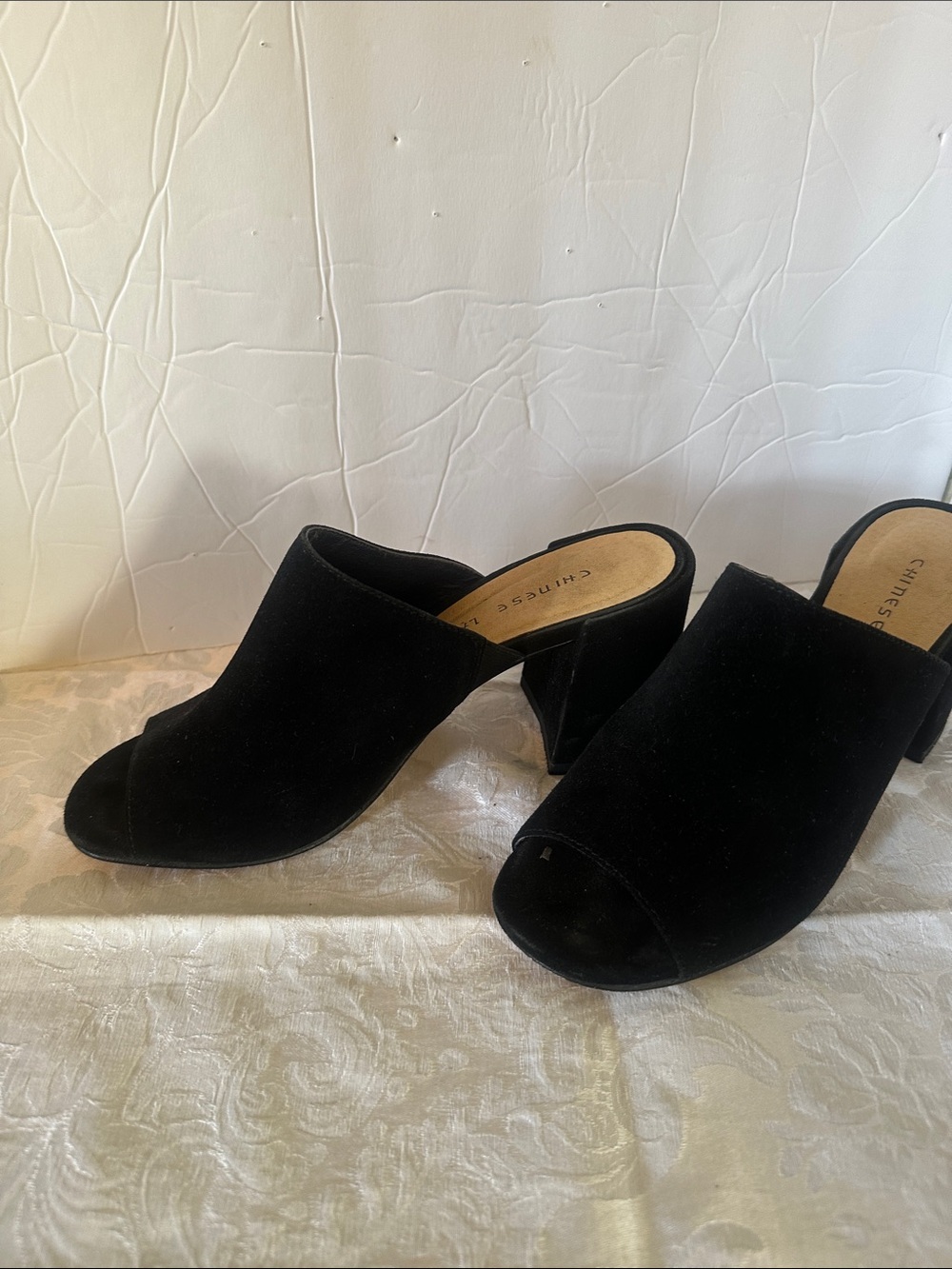 Chinese Laundry Black Suede Peep-Toe Block Heel Mules